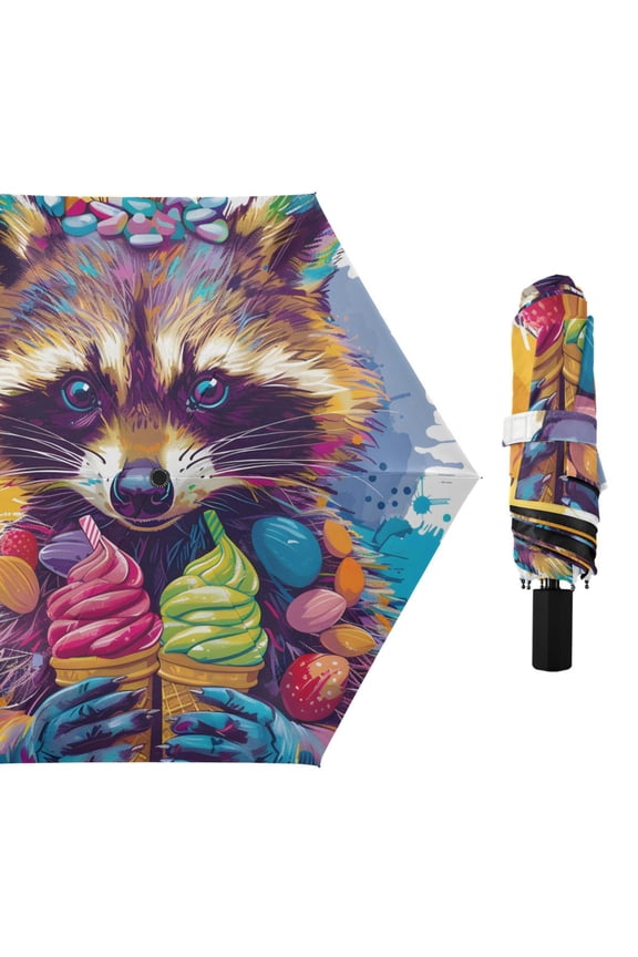 Lovely Raccoon Hug The Ice Cream All Weather Umbrella Triple Folding Parasol 6 Ribs UV Protection Portable