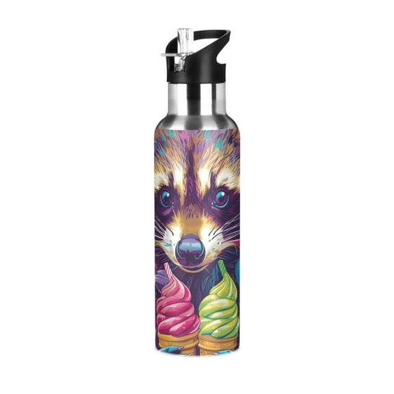 Lovely Raccoon Hug The Ice Cream Sports Bottle with Straw Stainless Steel Water Jug Portable Thermal Cup Leak-proof 600ML