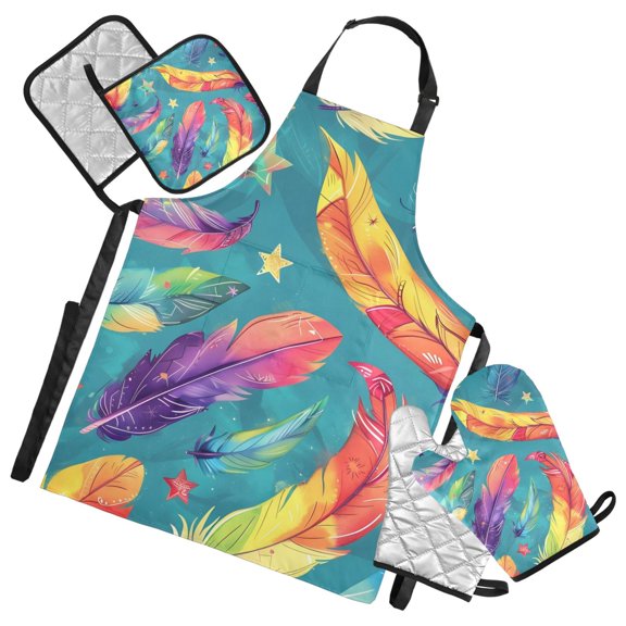 Lovely Rainbow Stars Feathers Apron Set with Oven Mitts Pot Holders Set of 5 Kitchen Stuff Accessories