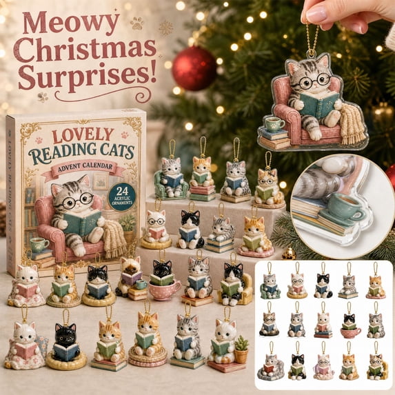Lovely Reading Cats Advent Calendar, 24 Pieces Reading Cat Acrylic Ornaments, Holiday Countdown Surprise Box, Holiday Gift for Adults Boys Girls Decorations Stocking Stuffer
