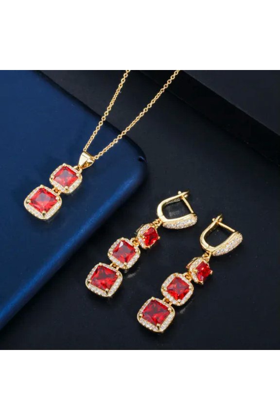 Lovely Red CZ Women Long Square Drop Pendent Necklace Earrings Gold Jewelry Set