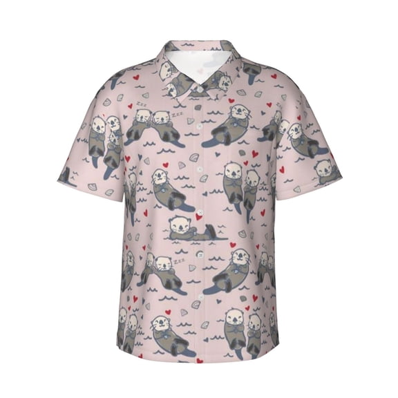 Lovely Sea Otter Heart Men'S 3d Print Casual Button Down Shirts, Novelty Hawaiian Short Sleeves L