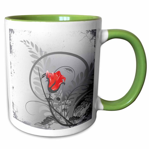 3drose, Lovely Single Red Rose Bud on Grey Grunge Background, 11oz Two-tone Green Mug