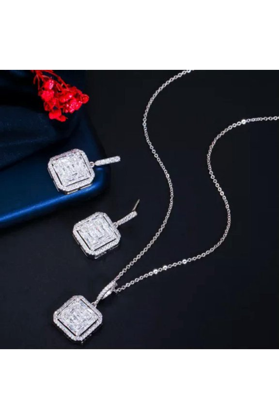 Lovely Square Drop Dangle CZ Earring Pendant Necklace Set Female Costume Jewelry