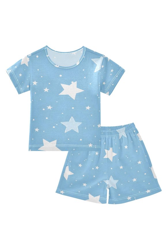 Lovely Star Pattern Pajamas Set Short Sleeves Sleepwear Top with Shorts Loose Fit Lounge Wear Unisex 5Y