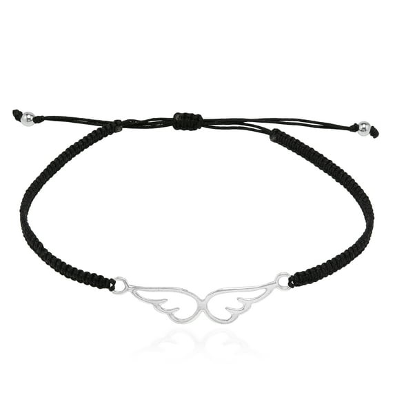 Lovely Sterling Silver Angel Wings Charm on Black Cotton Rope Bracelet