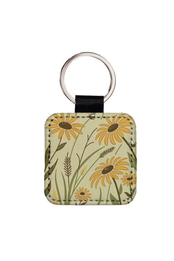 Lovely Sunflowers Faux Leather Square Keychain