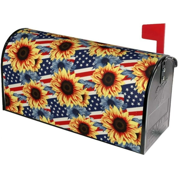 Lovely Sunflowers Mailbox Covers, USA Flag Magnetic Post Box Cover Wraps Standard Size 21x18 in for Garden Yard Decor
