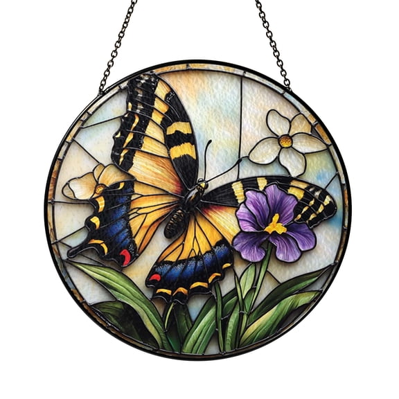 Lovely Swallowtail Butterfly Purple Iris Suncatcher Round Display Art