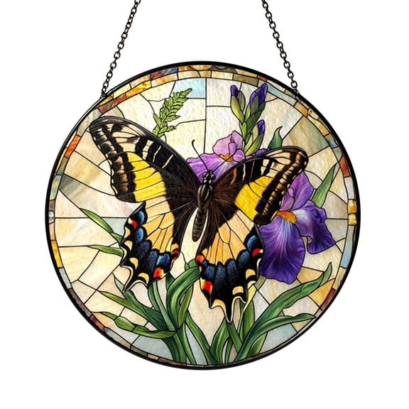 Lovely Swallowtail Butterfly Purple Iris Suncatcher Round Display Decor
