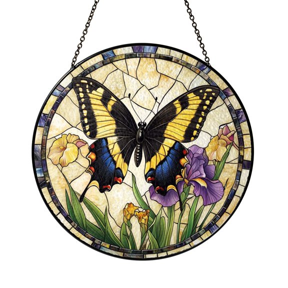 Lovely Swallowtail Butterfly Purple Iris Suncatcher Round Display Glass