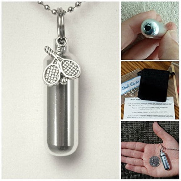 Lovely TENNIS CREMATION URN on Chain with Laser Engraved HEART - Includes Velvet Pouch, Fill Kit, Ball-Chain