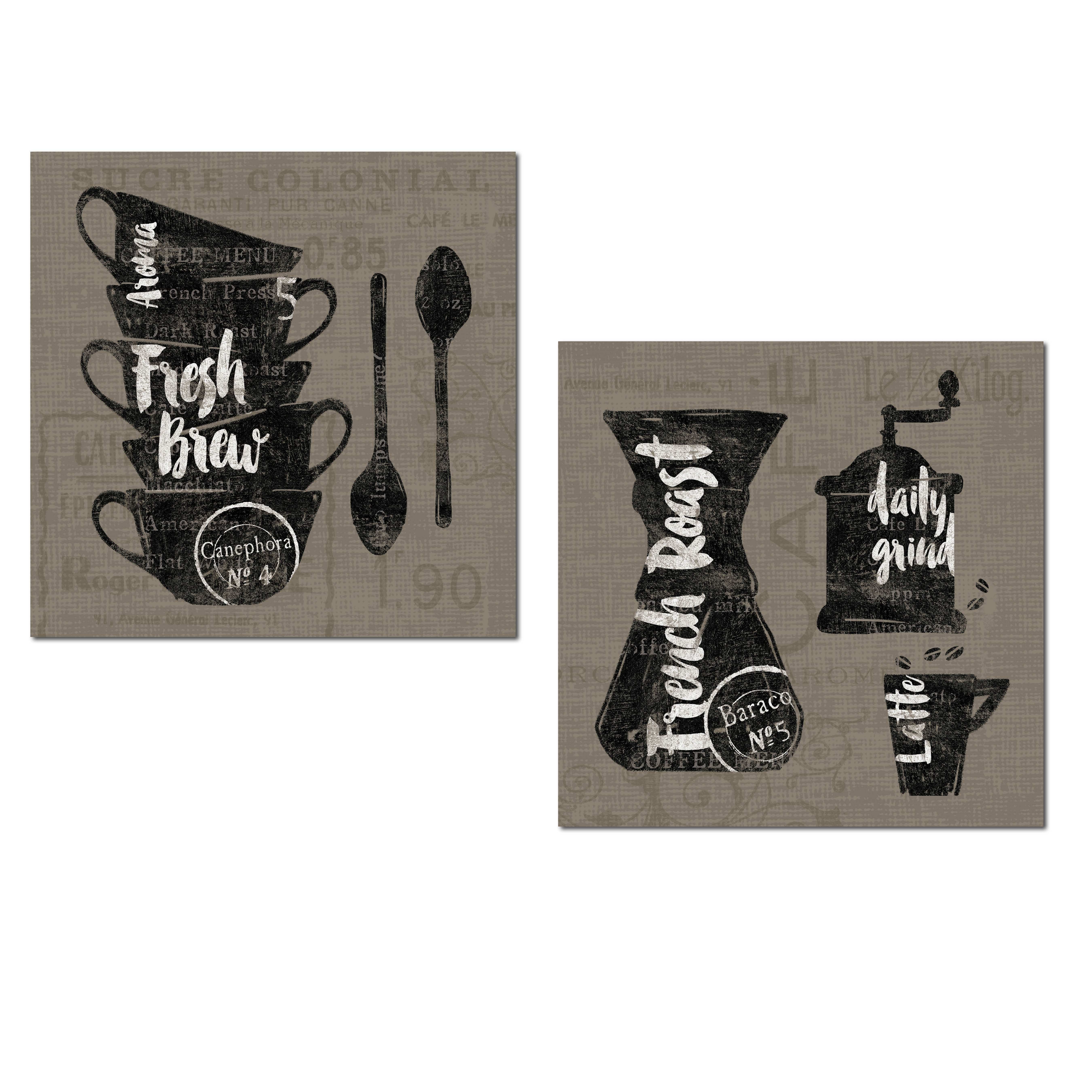 set of 8 kitchen prints, coffee print set, fork spoon... Lovely Taupe and Black Typography Coffee Decanter, Grinder and Coffee ...