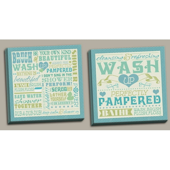 Lovely Teal Bathroom Rules Typography Set by Pela Studio; Two 16x16in Hand-Stretched Canvases