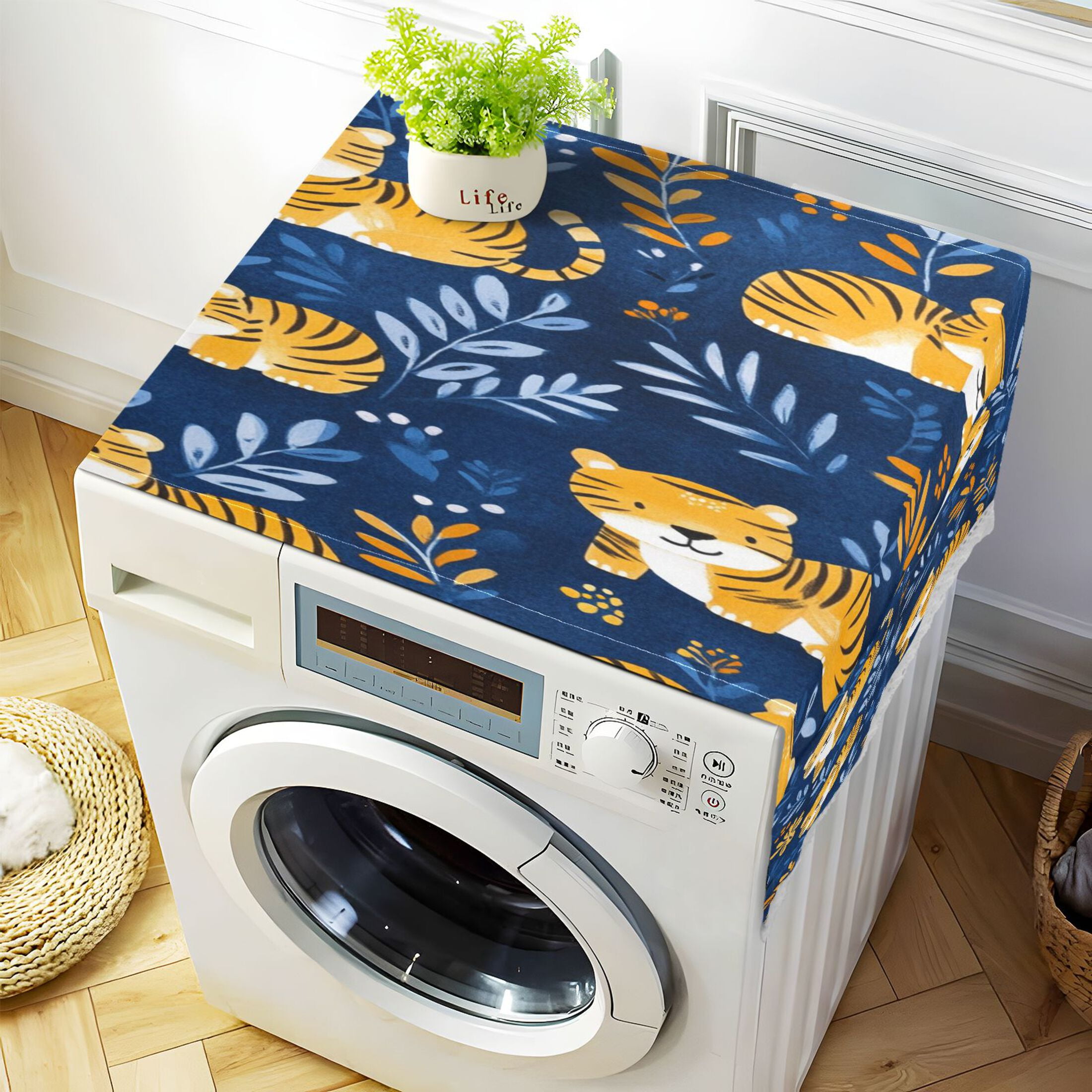Lovely TigerWasher and Dryer Covers Dust-Proof and Oil Resistant Fridge Cover with 4 Storage Pockets Washing Machine Top Cover for Laundry Kitchen Home 51.2 x 22 In