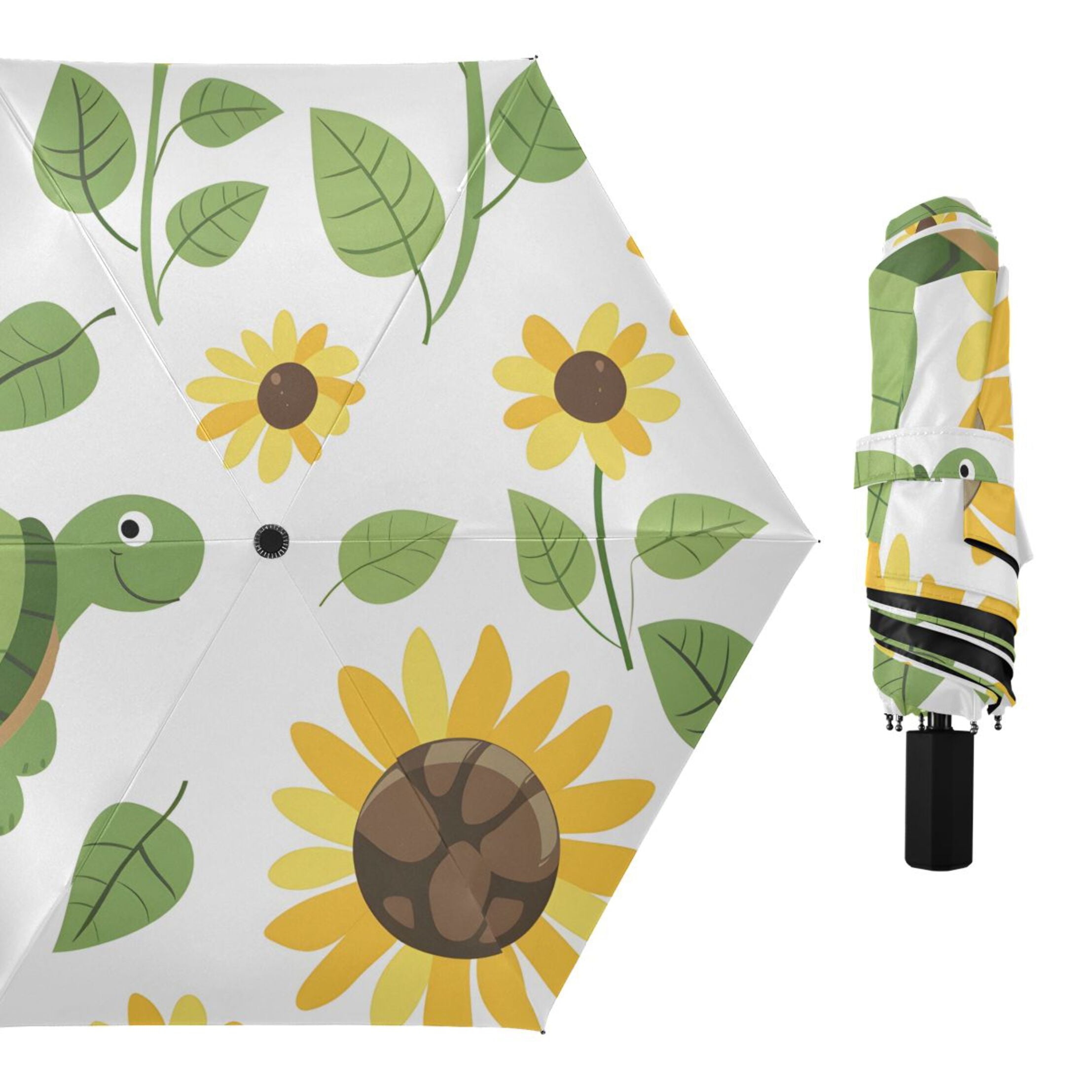 Lovely Turtles Sunflowers and Leaves All Weather Umbrella Triple Folding Parasol 6 Ribs UV Protection Portable