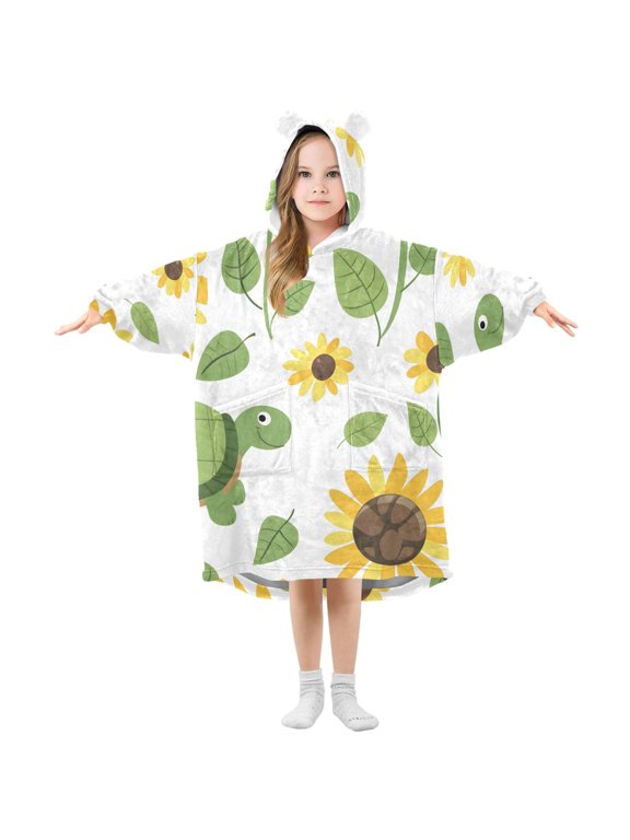 Lovely Turtles Sunflowers and Leaves Flannel Wearable Blankets Hooded Design Long Sleeves Wrap Unisex for 3T-14Y S