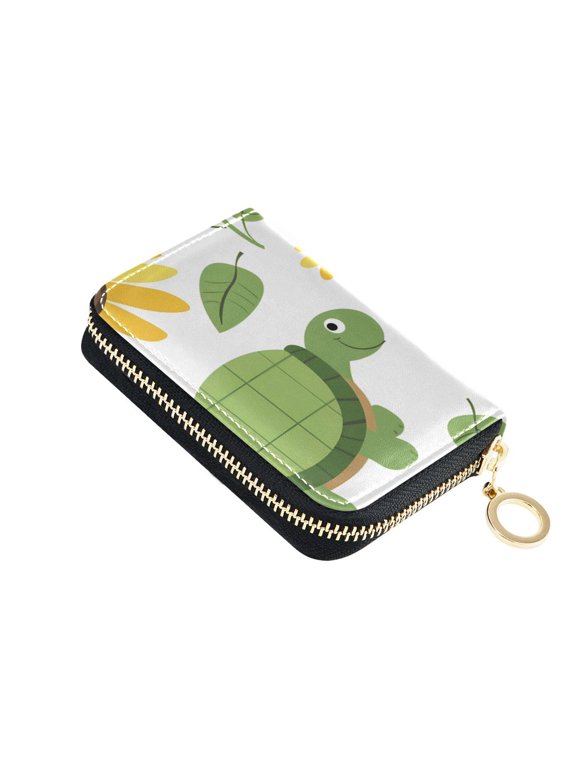 Lovely Turtles Sunflowers and Leaves Women's Credit Card Holder PU Leather Zipper Wallet RFID Blocking