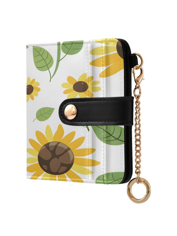 Lovely Turtles Sunflowers and Leaves Women's Wallet PU Leather Card Cases RFID Blocking Purse Billfold with Key Ring