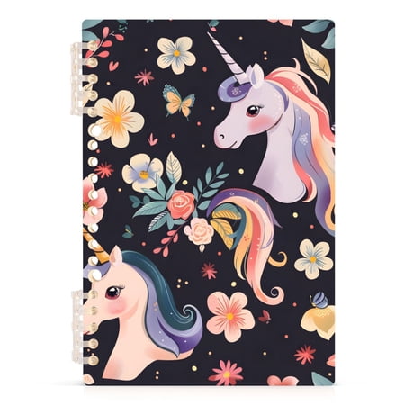 Lovely Unicorn Head and Flowers Notebooks 1-subject Journal 60 Sheets A5 College Ruled Paper Detachable Ring 8.3"x5.7"