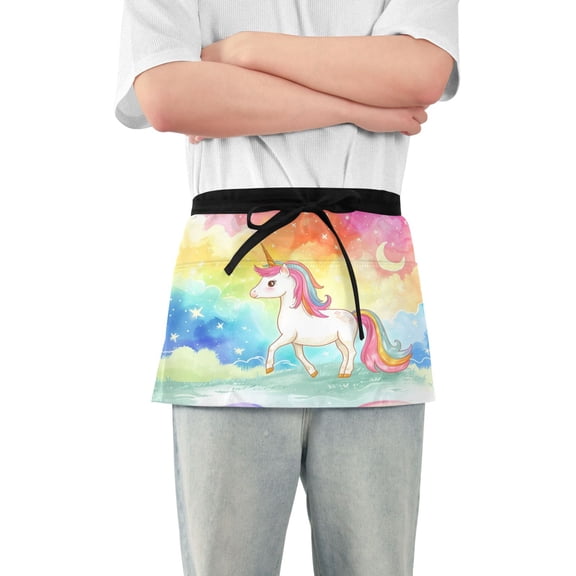 Lovely Unicorn and Starry Sky Server Apron with 3 Pockets Waterproof Waitress Waist Short Apron for Man Woman 12 Inches
