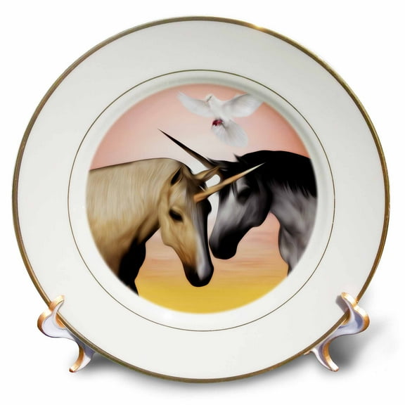 3dRose, Lovely Unicorns In Love, With a Dove, 8 inch Porcelain Plate