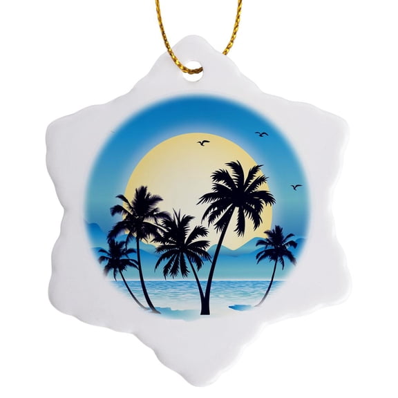 3drose, Lovely Vector of Palms at a Paradise Beach Perfect Holiday, 3 inch Snowflake Porcelain Ornament