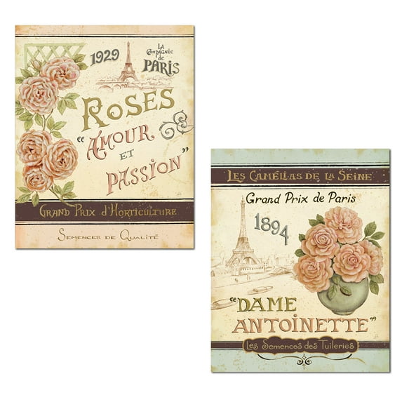 Lovely Vintage Ephemera-Style Paris Landmark and Floral Print Set by Daphne Brissonnet; Two 11x14in Poster Prints