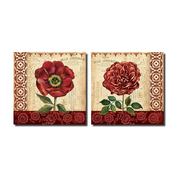 Lovely Vintage Red Rose and Poppies; Two 12x12 Poster Prints
