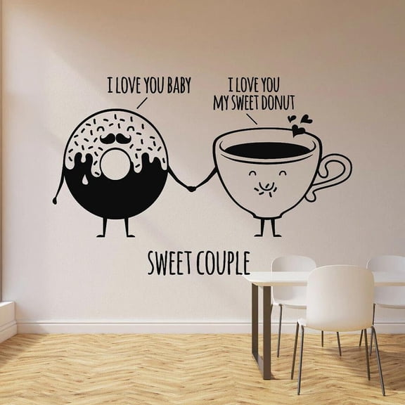 Lovely Vinyl Wall Decal Donut Cup Sweet Couple Confectionery Shop Food Dessert Shop Interior Decor Window Glass Stickers 57x37cm