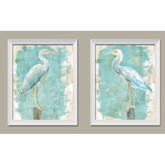 Lovely Watercolor-Style Coastal Egret Bird Prints by Sue Schlabach; Two 11x14in White Framed Prints; Ready to hang!