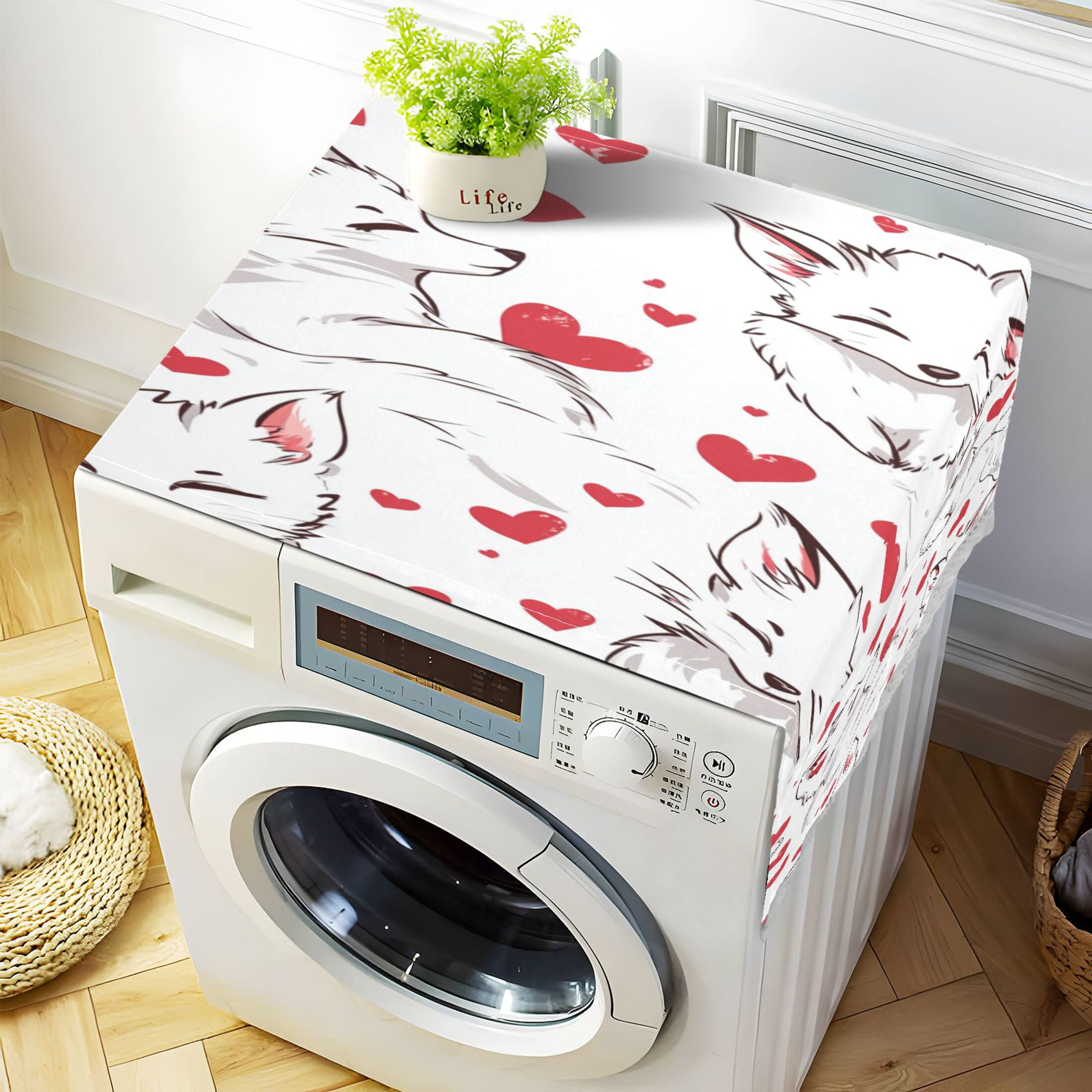 Lovely White FoxWasher and Dryer Covers Dust-Proof and Oil Resistant Fridge Cover with 4 Storage Pockets Washing Machine Top Cover for Laundry Kitchen Home 51.2 x 22 In