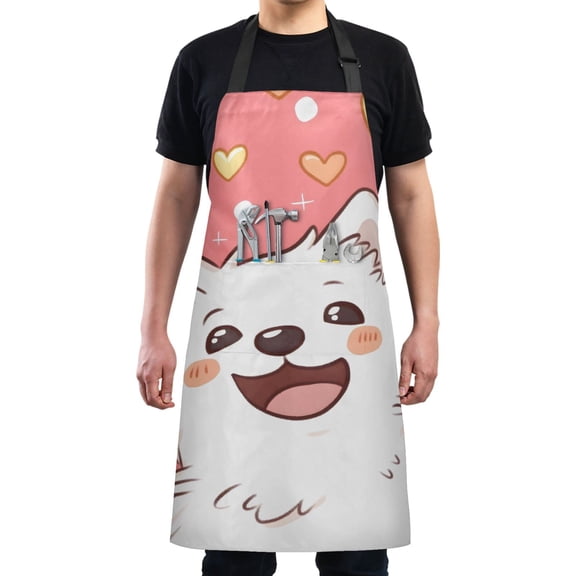 Lovely White Puppy Chef Kitchen Apron with Pockets for Women Waterproof Aprons for Cooking Baking