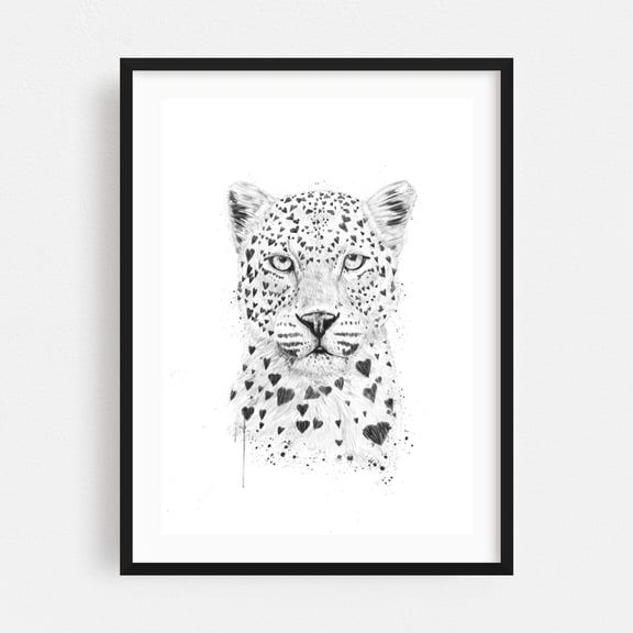 Lovely leopard - Illustration Animal Wildlife Sketch Black and White Nature Modern Art Black Framed Wall Art Print 9 x 12 inches