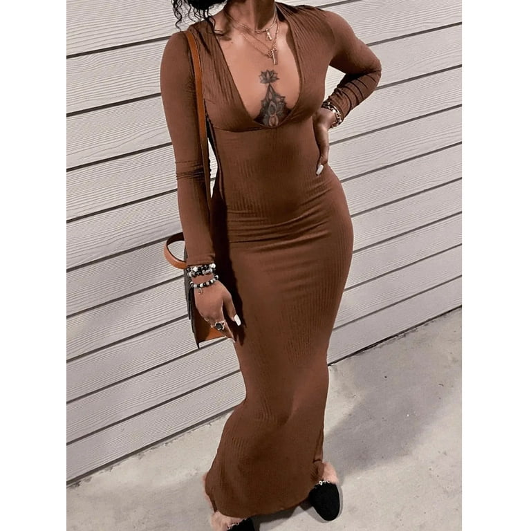 LovelyWholesale Long Sleeve Deep V Neck Rib Knit Bodycon Women s Dress Walmart
