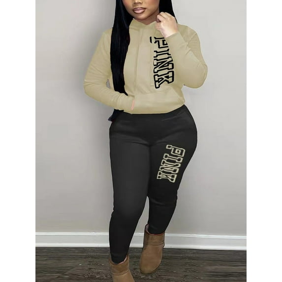 LovelyWholesale Long Sleeve Hooded Collar Plus Size Pink Letter Print Kangaroo Pocket Women's Plus Tracksuit Set