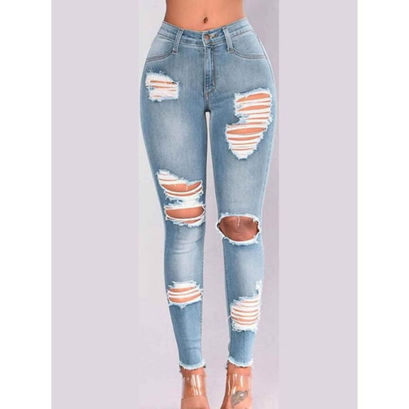LovelyWholesale Women's High-waisted Stretchy Ripped Jeans