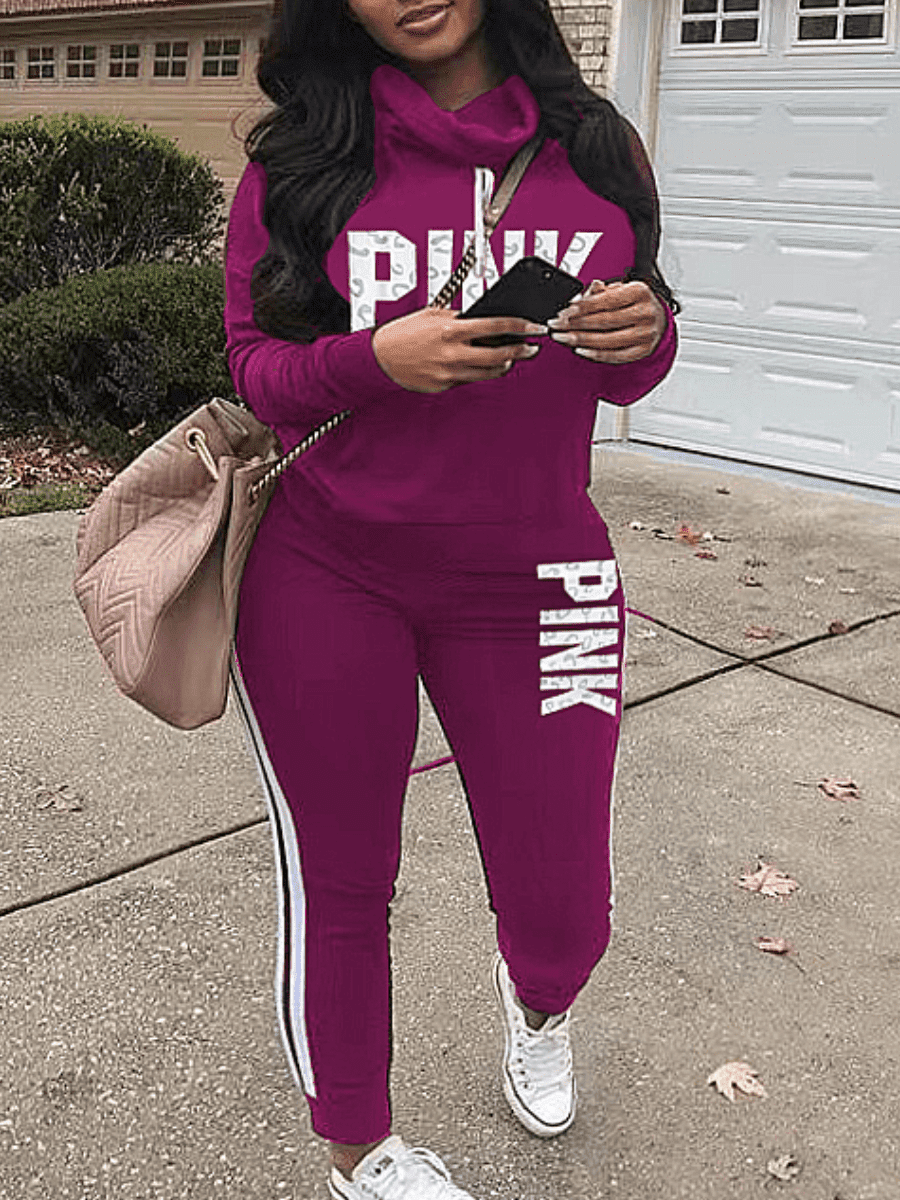 LovelyWholesale Women s Plus Size Pink Letter Print Striped Tracksuit Set