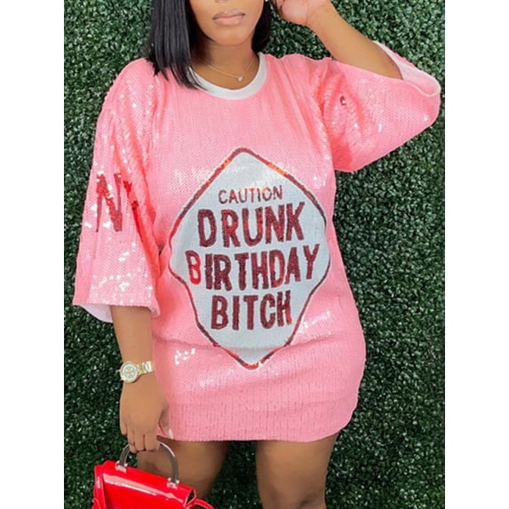 LovelyWholesale Women's Sparkle Sequin Letter Stripe Heart Plaid Geometric Print Loose Round Neck T Shirt Dress It's My Birthday Glitter Party Clubwear