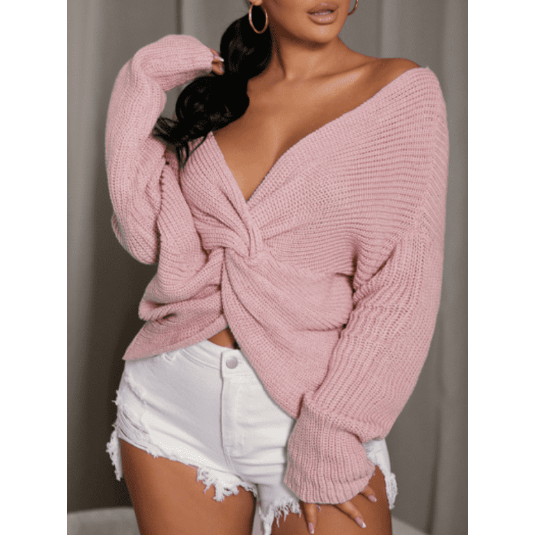 LovelyWholesale Women s V Neck Twist Front Rib Knit V Neck Long