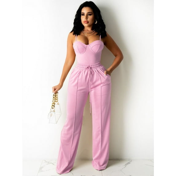 Lovelywholesale Drawstring Wide Leg Cami Pants Set