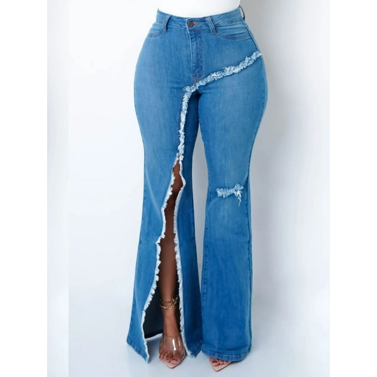 Lovelywholesale High Stretchy High Split Solid Raw Edge Jeans 