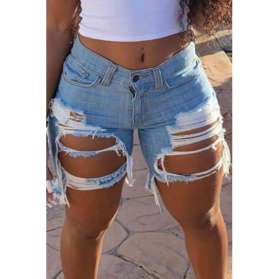 Lovelywholesale Mid Waist Ripped Denim Shorts (No Stretch)