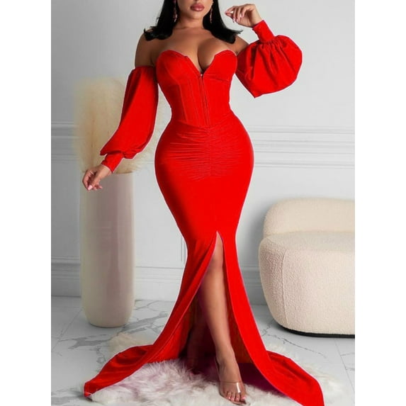 Lovelywholesale Off The Shoulder Ruffle Design Slit Prom Dress