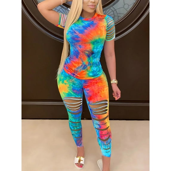 Lovelywholesale Plus Size Street Tie-dye Ripped Blue Two-piece Pants Set