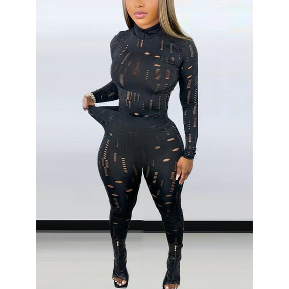 Lovelywholesale Ripped Stretchy Cut Out Pants Set