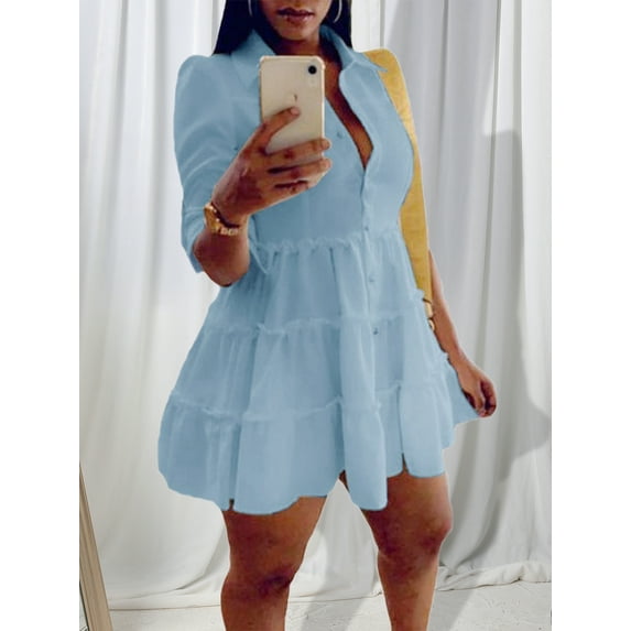 Lovelywholesale V-Neck Short Dress Casual Button Flounce Black Mini Shirt Dress