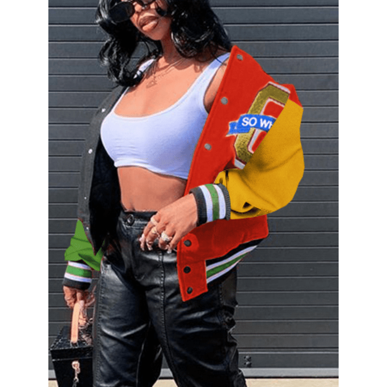 Lovelywholesale Women s Baseball Jacket Patchwork Long Sleeve Button Varsity Bomber Coat Walmart