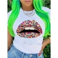 thumbnail image 1 of Lovelywholesale Women's Summer Top Casual O Neck Lip Print White T-shirt, 1 of 3