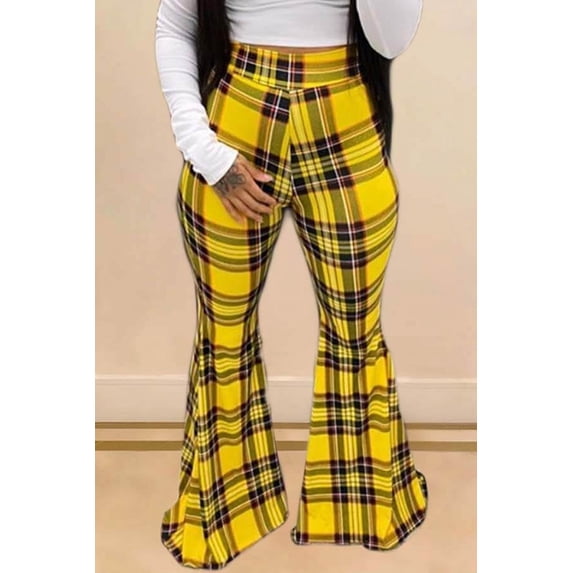 Lovelywholesale Women's Trendy Grid Print Yellow Pants